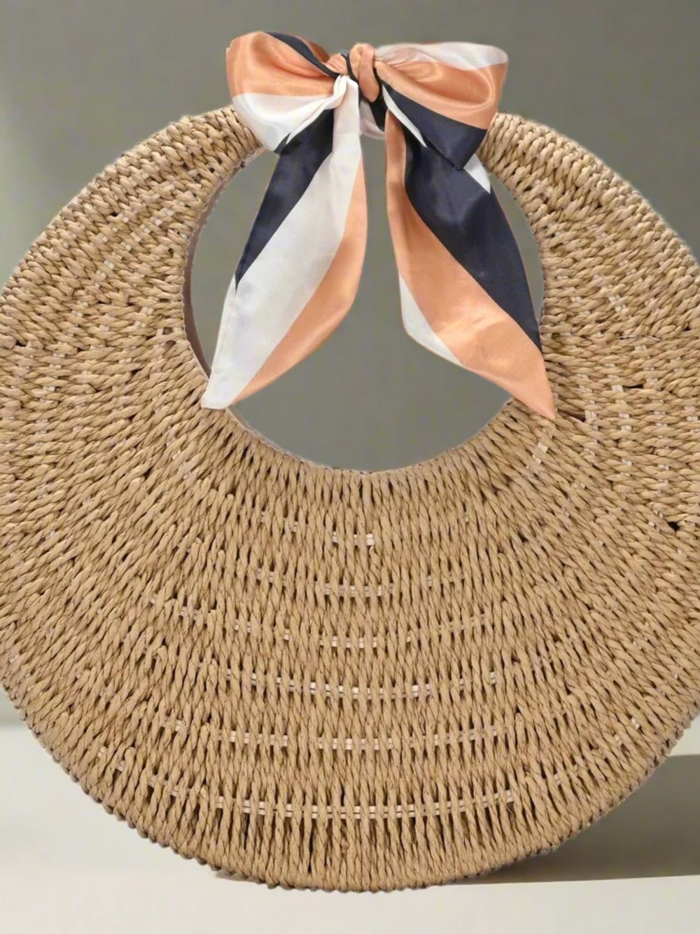 Woven Round Straw Tote with Peach & Navy Bow - Picture 2 of 4
